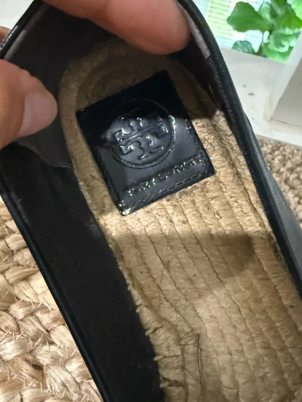 Tory Burch Black Leather Espadrille Flats with Patent Logo Cap